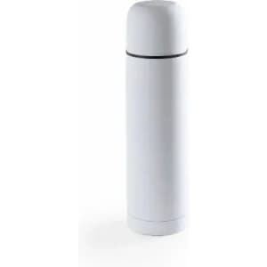 A drink bottle in white with a sleek design and a black line around the centre, featuring a branded logo.