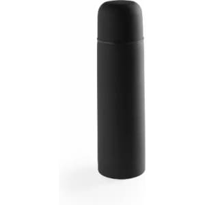 A drink bottle in sleek black with a rounded cap, featuring a minimalist design and a branding logo.