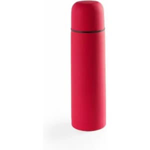 A drink bottle in bright red with a rounded cap and a sleek design, featuring a branding logo.