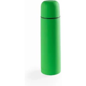 A drink bottle in bright green with a rounded lid and a sleek design. It features a logo on the body.