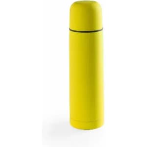 A drink bottle in bright yellow with a rounded top and a black band around the middle. It features a logo.