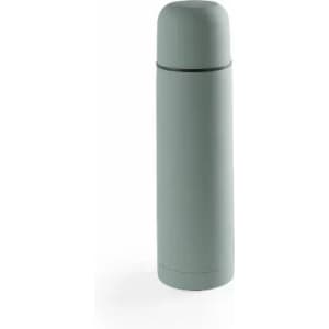A drink bottle in a light green colour with a rounded top and a sleek design, featuring a logo.