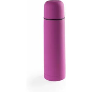 A drink bottle in a vibrant pink colour with a rounded lid and a sleek design. It features a logo on its surface.