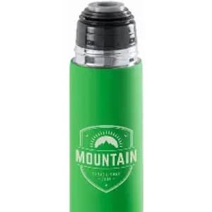 A drink bottle in vibrant green with a black lid and a circular logo featuring a mountain design.