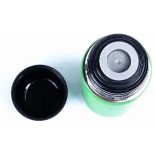 A drink bottle in vibrant green with a black cap, featuring a logo on the rim.