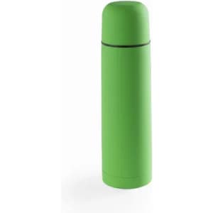 A drink bottle in a vibrant green colour with a smooth finish and a rounded cap, featuring a logo.