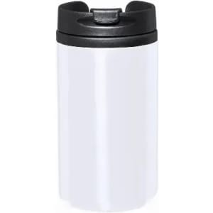 A drink bottle featuring a sleek white body and a black lid, designed for easy sipping. It has a logo.