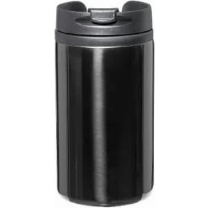 A drink bottle in sleek black with a flip-top lid and a rounded design, featuring a logo on the surface.