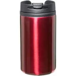 A drink bottle in a shiny red finish with a black lid, featuring a logo on the front.