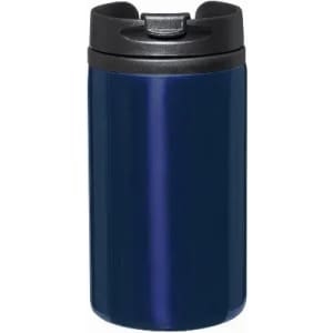 A drink bottle in a glossy navy blue finish with a black lid and a flip-top opening. Features a branding logo.