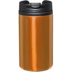 A drink bottle in a shiny orange finish with a black lid and a sleek, cylindrical design.