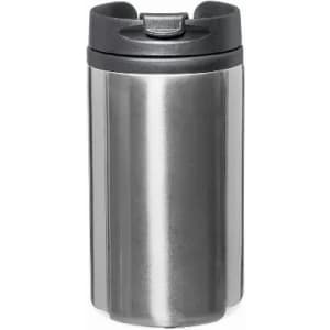 A drink bottle in stainless steel with a black lid, featuring a logo on the surface.