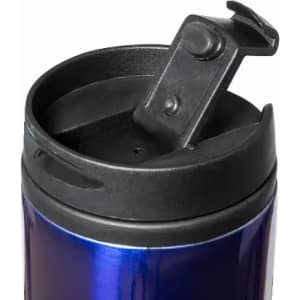 A drink bottle with a shiny blue exterior and a black lid featuring a flip-top opening mechanism.