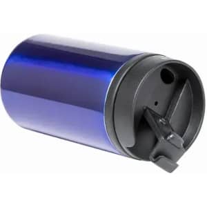 A drink bottle in shiny blue with a black lid and a sipping spout, featuring a logo.