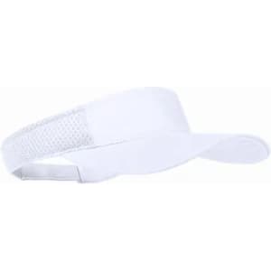 A white visor cap with a mesh back and an adjustable strap. It features a branded logo on the front.