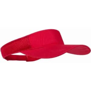 A red visor hat with a mesh band and a curved brim, featuring a logo on the side.