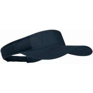 A navy visor hat with a mesh band and a curved brim, featuring a branding logo.