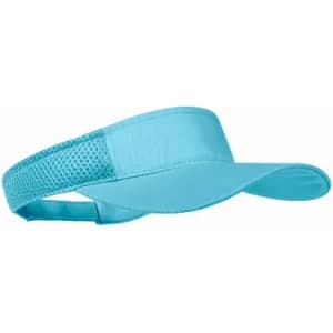 A turquoise visor cap with a mesh band for breathability and a curved brim. It has a branded logo.