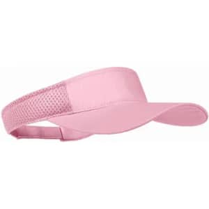 A pink visor hat with a mesh band and a wide brim, suitable for outdoor activities.