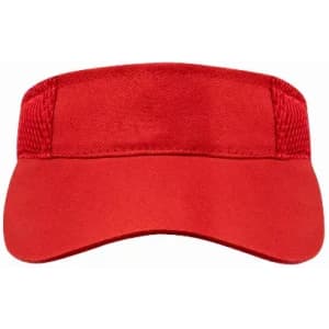 A red visor cap with a solid front and mesh sides, featuring a logo.