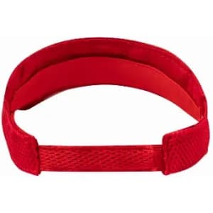 A red headband with a mesh design and adjustable strap, featuring branding on the side.