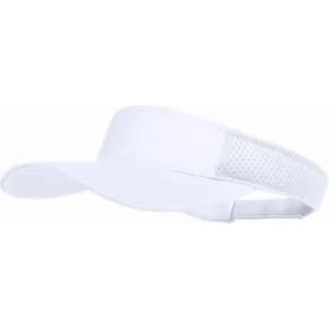 A white visor with a mesh back and adjustable strap, featuring a logo on the front.