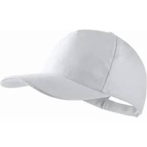 A white cap with a curved brim and an adjustable strap at the back. It features a logo on the front.