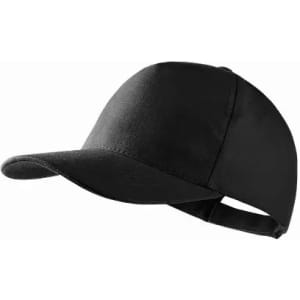 A black cap with a curved brim and an adjustable strap at the back. It has a simple design with no visible branding.