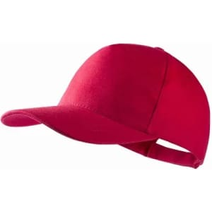 A red cap with a structured design and a curved brim, featuring an adjustable strap at the back.