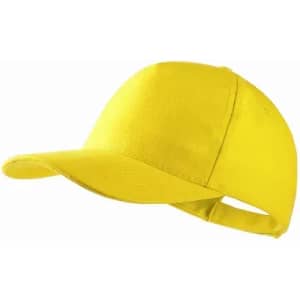 A yellow cap with a curved brim and an adjustable strap at the back. It features a logo on the front.