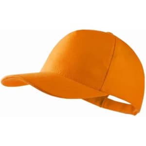 An orange cap with a curved brim and an adjustable strap at the back, featuring a logo.