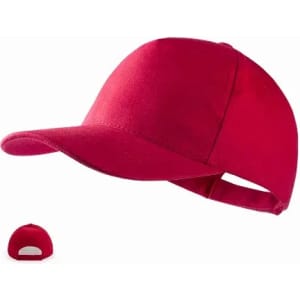 A red cap with a curved brim and an adjustable strap at the back. It features a logo on the front.