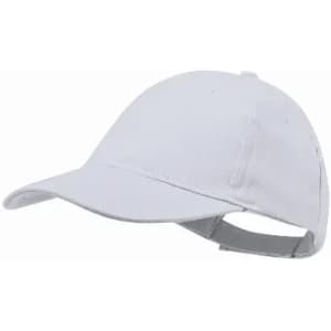 A white cap features a curved peak and an adjustable strap at the back. It has a simple design without logos.