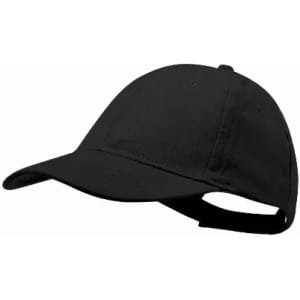 A black cap with a curved brim and adjustable strap at the back. It features a logo on the front.