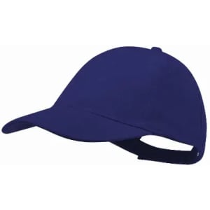 A navy blue cap featuring a curved brim and an adjustable strap at the back. It has a blank design.