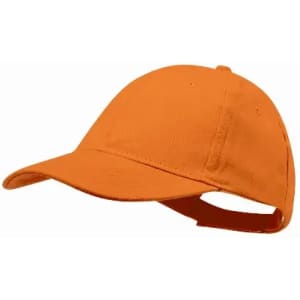 An orange cap with a curved brim and an adjustable strap at the back, featuring a logo.
