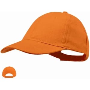 An orange cap with a curved brim and adjustable strap at the back. Includes a smaller version of the cap.