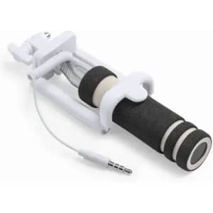 A handheld device with a white and black design, featuring a coiled cable and adjustable grip.