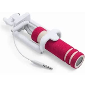 A pink and white promotional product with a foam grip and a headphone jack, likely a phone accessory.