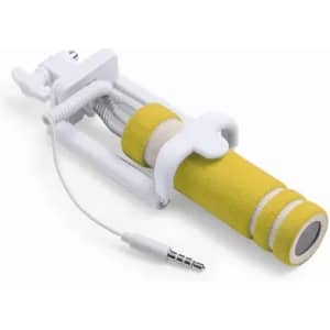 A yellow and white promotional product with a handle and a connecting wire, featuring a logo.