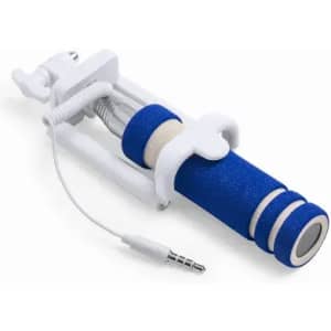 A blue and white promotional product with foam grips, featuring a connector at one end and a logo.