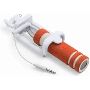 A device with an orange foam grip, white casing, and a cable attached, designed for use with audio equipment.