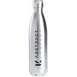 A drink bottle in silver with a sleek design and a logo on the front.
