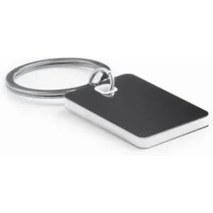 A keyring featuring a rectangular black tag with a silver edge and a metal ring for attachment.