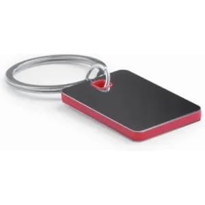 A keyring with a rectangular tag featuring a red edge and a shiny black surface, attached to a circular metal ring.