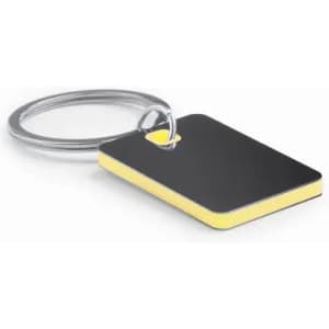 A keyring featuring a rectangular black and yellow tag, attached to a silver metal ring.