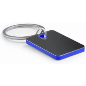 A rectangular keyring with a silver metal loop and a blue border around a shiny black surface.