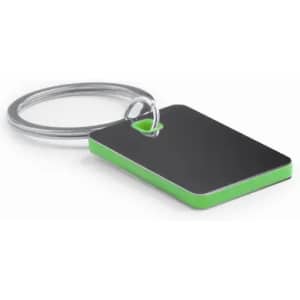 A keychain with a silver rectangular tag and a green border, attached to a metal ring.