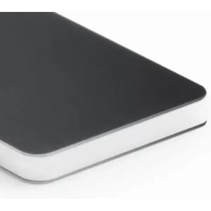 A rectangular power bank with a sleek black design and rounded edges, featuring a white bottom.
