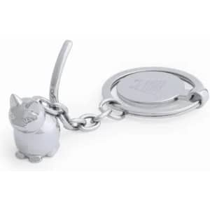 A silver keychain featuring a cat-shaped charm and a circular attachment.